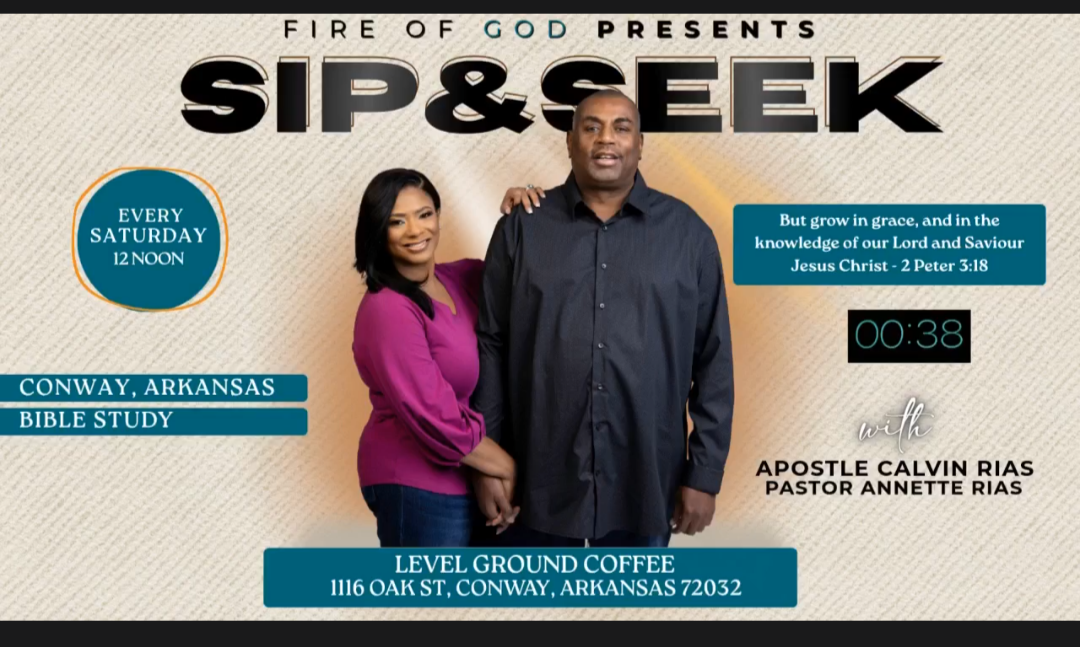 Sip & Seek Bible Study flyer with Apostle Calvin Rias and Pastor Annette Rias